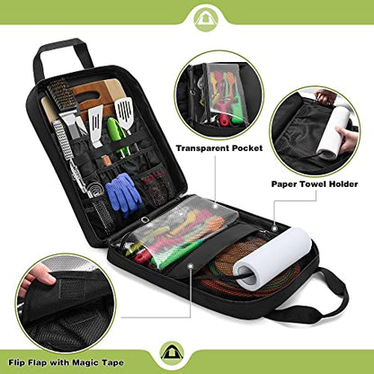 HODRANT Hanging Camp Utensil Organizer with Towel Paper Holder, Portable Camping Kitchen Cookware Bag for Knives, Forks, Spoons & More, Outdoor Cooking Tools Storage Box for Travel & Hiking, Bag Only