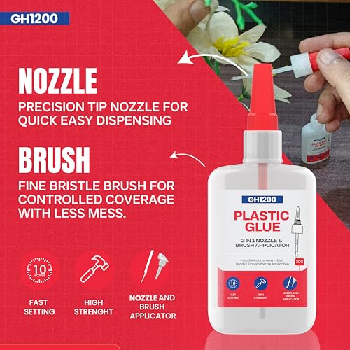 GH1200 (2-in-1) Super Glue for Plastic with Brush Applicator & Nozzle - Fast Setting Plastic Glue Heavy Duty for Solid Bonds, DIY & More, Crystal Clear & No Stain Glue - style: 20g Plastic Glue Brush & Nozzle