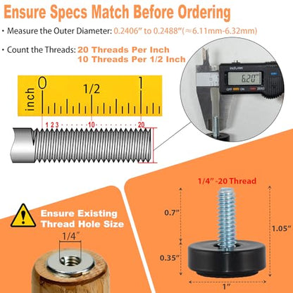 NEWBYTEK 1/4-20 Adjustable Furniture Leveler, 12 Pack Rubber Leveling Feet Screws in Threaded, Feet Levelers Screw On Furniture Glide Leveling for Table, Chair, Furniture Legs - size: 1/4"-20 | Replacement Only (No Nut)