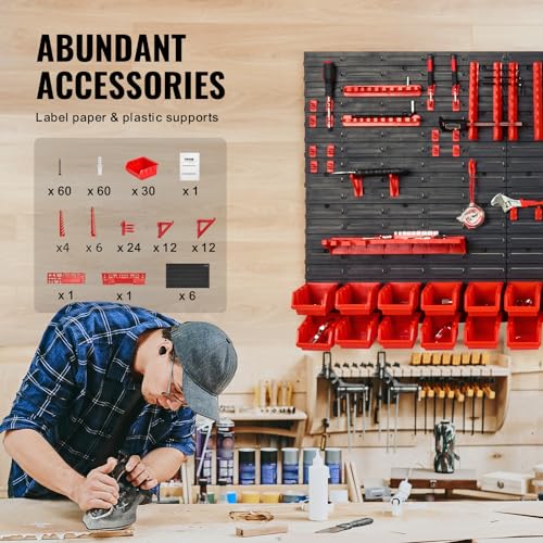 VEVOR Wall Mounted Storage Rack System, 30-Bin Parts Rack Organizer with Wall Panels/Tool Holders/Hooks, Garage Plastic Shop Tool Organizer for Nuts, Bolts, Screws, Nails, Beads, Buttons - style: 30-Bins with Tool Holders