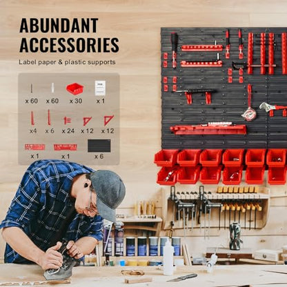 VEVOR Wall Mounted Storage Rack System, 30-Bin Parts Rack Organizer with Wall Panels/Tool Holders/Hooks, Garage Plastic Shop Tool Organizer for Nuts, Bolts, Screws, Nails, Beads, Buttons - style: 30-Bins with Tool Holders