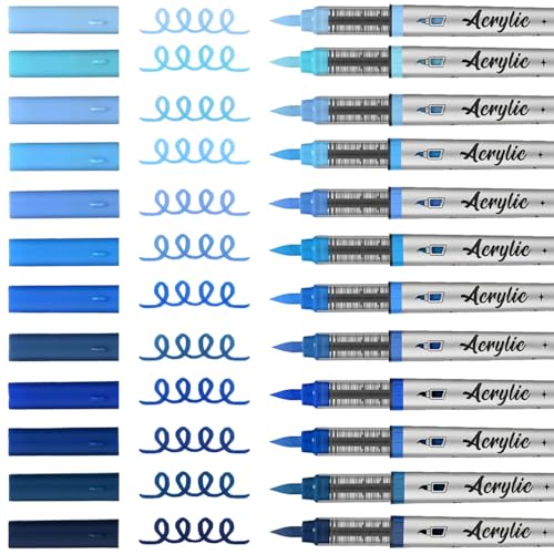 Mifuner Acrylic Paint Pens Set,12Colors Soft Brush Tip Acrylic Paint Markers, Direct-Liquid Ink System,Colored Marker Pen for Rocks,Wood,Ceramic,Canvas, Eggs DIY Painting Art Supplies.Blue - color: 12pcs-Blue