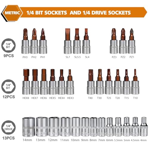 Egofine 46 Pieces 1/4 inch Drive Socket Ratchet Wrench Set, with 72-Teeth Ratchet Wrench, S2 Bit Socket Set, Extension for Auto Repairing and Household, with Storage Case - style: 1/4" 46 PCS with 72 Teeth Ratchet