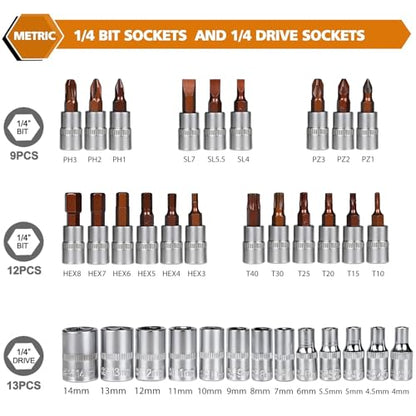 Egofine 46 Pieces 1/4 inch Drive Socket Ratchet Wrench Set, with 72-Teeth Ratchet Wrench, S2 Bit Socket Set, Extension for Auto Repairing and Household, with Storage Case - style: 1/4" 46 PCS with 72 Teeth Ratchet
