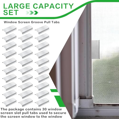 Universal Aluminum Window Screen Pull Tabs Replacement, 30-Pack Durable UV-Resistant Breakage-Proof Flat Groove (C-Shaped) Clip Tabs - Better Than Plastic