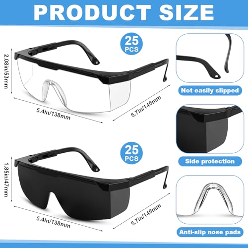 Treela 50 Pcs Safety Goggles Bulk Anti-Fog Glasses with Adjustable Temples and Wraparound Lenses Scratch Resistant Safety - color: Clear and Black