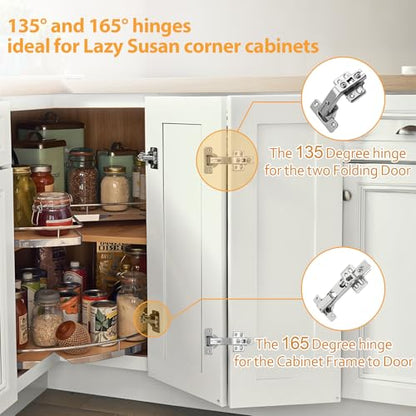 TamBee 135 Degree Cabinet Hinges, Lazy Susan Hinges for Corner Cabinets, Hidden Hinges for Kitchen Folded Doors - 3D Adjustment, Cupboard Hinges Replacement, Brushed Nickel 1 Pair - style: 135°