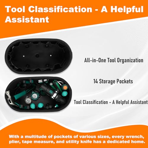Bucket Tool Organizer with 14 Pockets, Oval Hard Lineman Bucket Bag, Tool Bucket Bag with Tray Hook Holes & Polypropylene Bottom with Drain Holes, No Kickstand