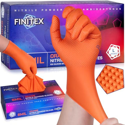 FINITEX Industrial Diamond Texture Nitrile Orange Glove - 100/1000PCS Chemical Resistant 6.3mil Mechanic Disposable Gloves - color: Orange (Large 100)
