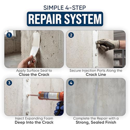 Concrete Crack Injection Kit – DIY Basement Wall Crack Repair – Polyurethane Leak Seal System – Stops Active Water Leaks in Foundation Walls – Easy No-Dig Injection Repair Kit - Ideal for DIY Projects