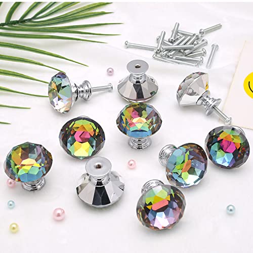 Akstore 10 Pcs Crystal Glass Cabinet Knobs 30mm Diamond Shape Drawer Kitchen Cabinets Dresser Cupboard Wardrobe Pulls Handles (Colorful) - color: Colorful
