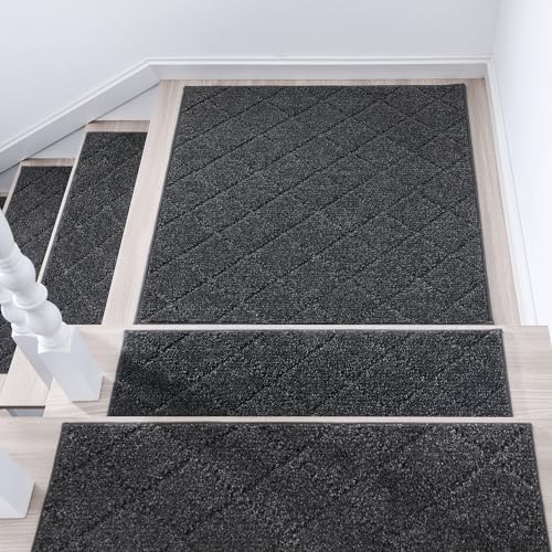 COSY HOMEER Edging Stair Treads Non-Slip Corner Indoor Stair Runners for Wooden Steps,Landing Slip Resistant Stair Rugs Mat for Kids and Dogs,100% Polyester TPE Backing,Black,30x30 inch - color: Black, size: 30 X 30 Inches (1 Piece)