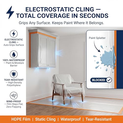 Pre-Taped Masking Film Sets - 1 Roll, Orange Tape and Drape Painters Plastic Sheeting for Painting, High Visibility Paint Plastic Covering Overspray Protection - 65 Feet (1, 59 Inch) - size: 59 Inch