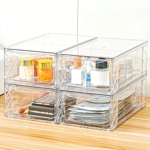 4 Pack Acrylic Storage Drawers, Clear Stackable Storage Drawers, Acrylic Organizers Drawers for Under Sink, Pantry, Bathroom, AcrylicStorage Containers for Makeup Organizers Cosmetic Display, Medium - size: 4Pack Medium