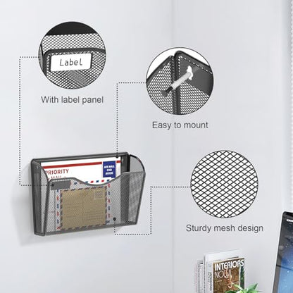 samstar 6 Pack Mesh Wall Mounted File Holder Metal Wall File Pocket Mail Organizer for Office/Home(with Label Panel) - color: Black