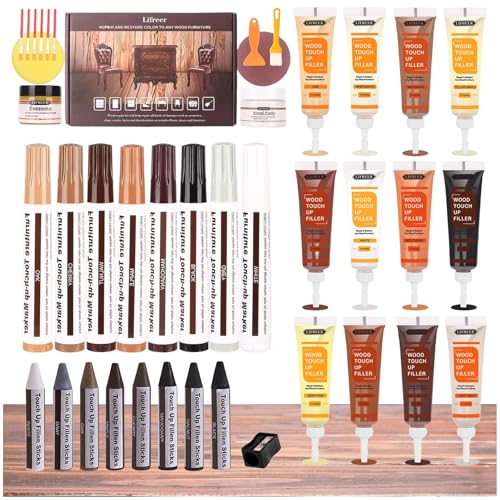 Wood Repair Kit, 42 Pcs Furniture Repair Kit - Wood Filler, Touch Up Marker, Wood Putty, Wood Crayon for Scratch, Cracks, Stains, Discoloration for Wooden Door, Floor, Table, Cabinet