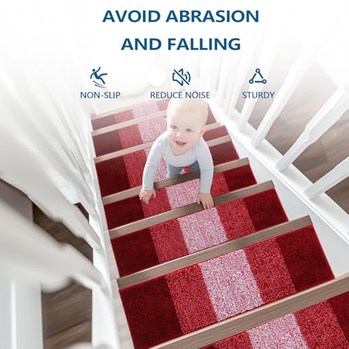OLANLY Stair Treads Non Slip 15PCS, 8" x 30" Indoor Stair Runners for Wooden Steps, Edging Stair Rugs with Reusable Peel and Stick Adhesive for Kids Elders and Pets, Burgundy - color: Burgundy