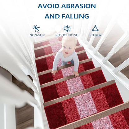 OLANLY Stair Treads Non Slip 15PCS, 8" x 30" Indoor Stair Runners for Wooden Steps, Edging Stair Rugs with Reusable Peel and Stick Adhesive for Kids Elders and Pets, Burgundy - color: Burgundy