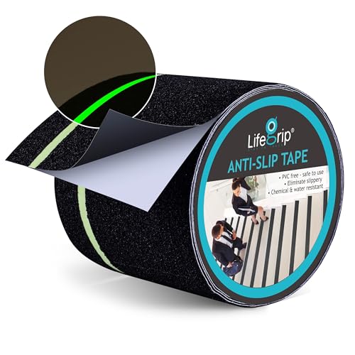 LifeGrip Anti Slip Traction Tape with Glow in Dark Green Stripe, 4 Inch x 15 Feet - Best Grip, Friction, Abrasive Adhesive for Stairs, Tread Step, Indoor and Outdoor, Black (4 inch X 15 feet) - color: Black/Green, size: 4" X 15'