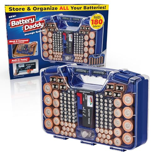 Battery Daddy Storage & Organizer Case with Tester, Stores & Protects Up to 180 Batteries, Double-Sided, Clear Locking Lid, Secure Latches & Portable Carrying Handle - Blue (Batteries Not Included) - color: Blue