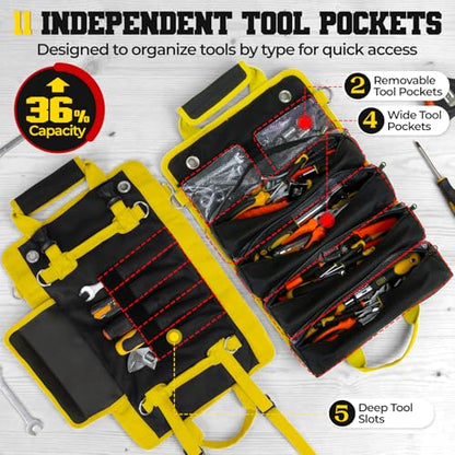 Roll Up Tool Bag, Heavy Duty See-Through Tool Roll Organizer with 2 Detachable Pouches, Portable Mechanic & Motorcycle Tool Bag, Birthday & Father’s Day Gift, Yellow - color: Yellow