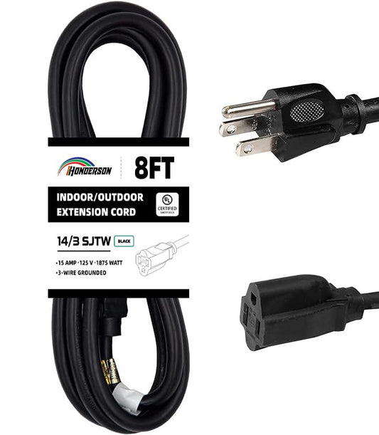 Indoor Outdoor Extension Cord Weatherproof, UL Certified, 14 Gauge 8FT Black 3 Prong Heavy Duty, 14/3 SJTW 15A Power Cord for Outdoor Lights, Appliances, Lawn - color: Black, size: 8FT, style: 14/3
