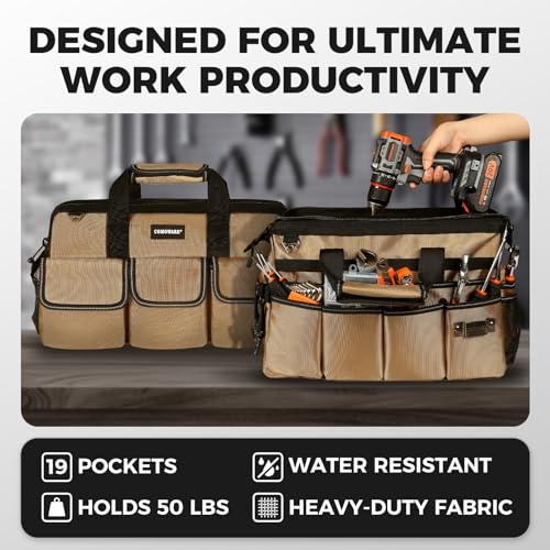 COMOWARE 19-Pocket Tool Bag, 16“ Heavy Duty Tool Organizer with Adjustable 51.2" Shoulder Strap, 1680D Oxford Fabric & PVC Coating, Reflective Strips, Tactical Loops, Mechanics, DIY - color: Khaki