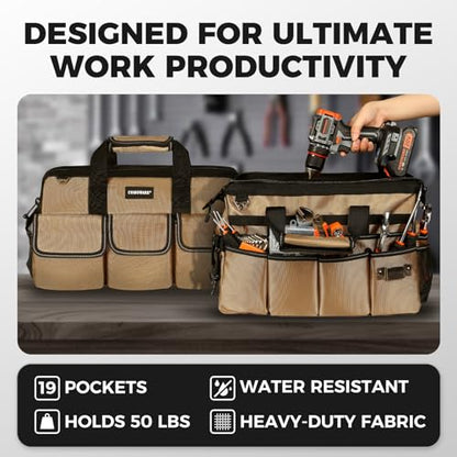 COMOWARE 19-Pocket Tool Bag, 16“ Heavy Duty Tool Organizer with Adjustable 51.2" Shoulder Strap, 1680D Oxford Fabric & PVC Coating, Reflective Strips, Tactical Loops, Mechanics, DIY - color: Khaki