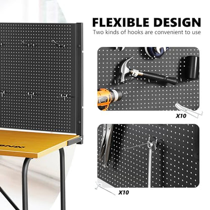 DNA MOTORING 46'' Heavy Duty Work Bench, Hardwood Workbench with Pegboard, Work Table for Garage, Woodworking Shop, Office, Home, w/ 20pcs Multifunctional Hooks, TOOLS-00457