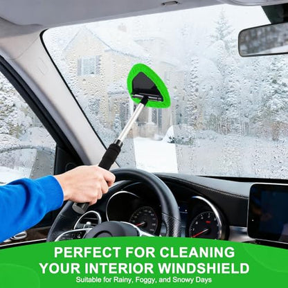 JUSTTOP Windshield Cleaner Tool, Car Interior&Exterior Window Cleaning Tool with Extendable Handle & 4 Reusable Microfiber Pads, Auto Glass Wiper Brush Kit for Cars (Green) - color: Green