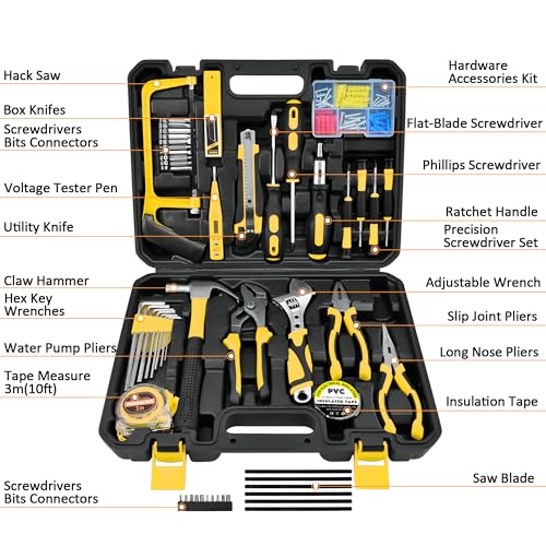 SOLUDE Tool Set,148-Piece Home Repair Tool Kit for Men Women College Students,Household Basic Hand Tool Sets with Case for Home Maintenance,Dorm Essentials,Auto Repair & DIY Projects - size: 148 pcs Yellow