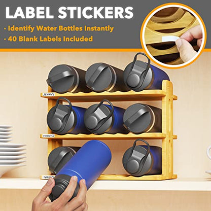SpaceAid Bamboo Water Bottle Organizer with Labels, Kitchen Pantry Water Bottle Storage Rack for Cabinets, Home Cup and Wine Bottle Holder Shelf Organizers, (3-Tier, Hold 9 Bottles) - size: 3-Tier, 9 Bottles