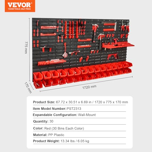 VEVOR Wall Mounted Storage Rack System, 30-Bin Parts Rack Organizer with Wall Panels/Tool Holders/Hooks, Garage Plastic Shop Tool Organizer for Nuts, Bolts, Screws, Nails, Beads, Buttons - style: 30-Bins with Tool Holders