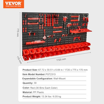 VEVOR Wall Mounted Storage Rack System, 30-Bin Parts Rack Organizer with Wall Panels/Tool Holders/Hooks, Garage Plastic Shop Tool Organizer for Nuts, Bolts, Screws, Nails, Beads, Buttons - style: 30-Bins with Tool Holders
