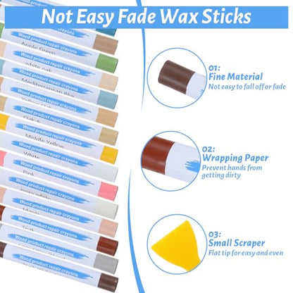 30+2Pieces Wood Filler Sticks, 30 Colos Wood Filler Putty Wax Crayons Furniture Repair Kit Putty Stick for Baseboard Cabinets Furniture Floors(with 2 Scrapers)
