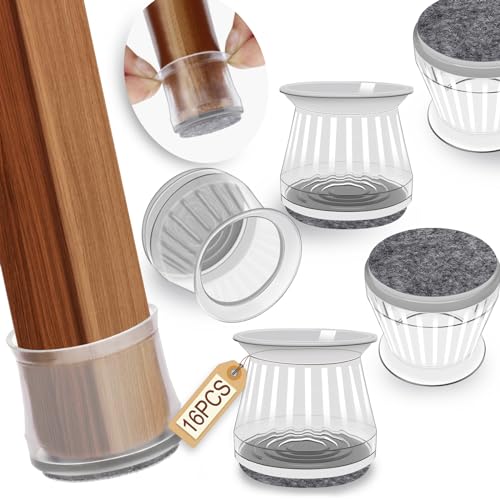 16 Pcs Chair Leg Floor Protectors for Hardwood Floors, Clear Silicone Ruby Sliders Caps Cover with Felt Pads for Chairs and Furniture Non Slip Reduce Noise - color: Transparent-16 Pcs