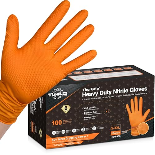 TitanFlex Heavy Duty Orange Industrial Nitrile Gloves with Raised Diamond Texture, Latex Free (6mil/8mil) - color: 02 8mil (100ct), size: XX-Large