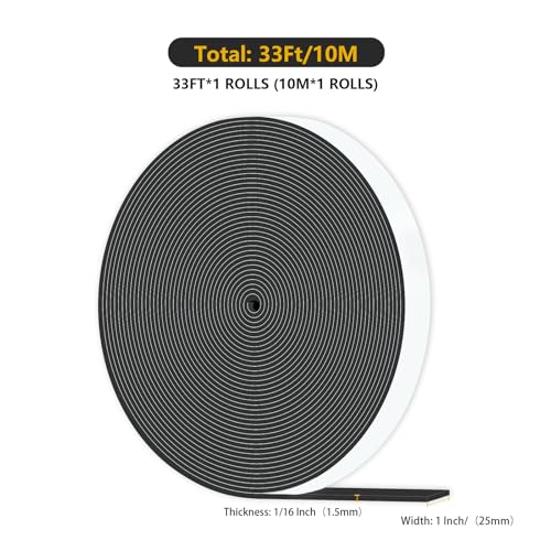 Weather Stripping,Strong Adhesive, Lightproof, Soundproof Foam,Door Seal Strip for Door Frame,Window Frame,Sliding Door (Black,1 in x 1/16 in x 33Ft) - size: 1 In x 1/16 In x 33Ft
