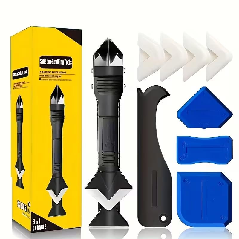 Silicone Caulking Tools-3 in 1 Sealant Finishing Tool Grout Remove Scraper Caulk Remover Glass Glue Angle Scraper for Bathroom,Kitchen,Floor,Window,Sink Joint,Frames Seal(9pcs/set)