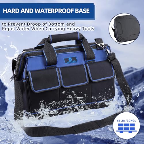 Tool Bag 16'', Multi-pocket Tool Organizer with Water Proof Plastic Base, Heavy Duty Tote with Shoulder Strap for Tool Storage, Black & Blue - color: Blue