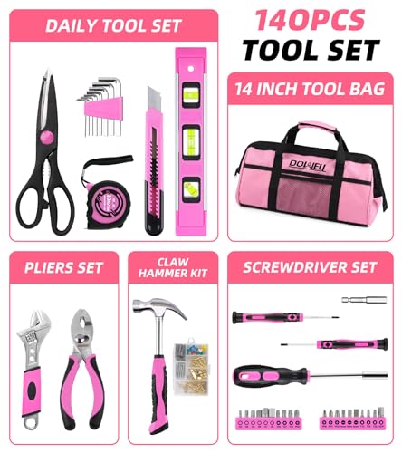 DOWELL Pink Tool Kit 140PCS for Women, Girls, Ladies, Household Tool Set with 14” Tool Bag - size: 140PCS