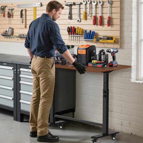 47" Adjustable Height Workbench(32-42''),Heavy Duty Work Bench with Switchable Wheels and Feet Mat,Portable Workbench Suitable for Workshop,Office,Garage