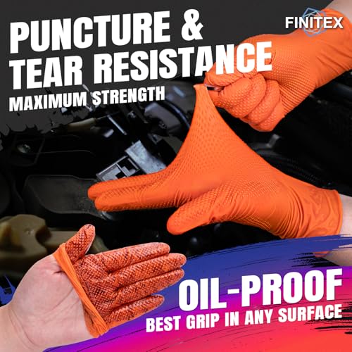 FINITEX Industrial Diamond Texture Nitrile Orange Glove - 100/1000PCS Chemical Resistant 6.3mil Mechanic Disposable Gloves - color: Orange (Small 100)