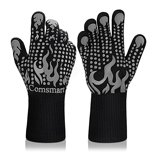 Comsmart BBQ Gloves, 1472 Degree F Heat Resistant Grilling Gloves Silicone Non-Slip Oven Gloves Long Kitchen Gloves for Barbecue, Cooking, Baking, Cutting(Gray) - color: Gray, size: short