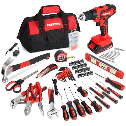 FASTPRO 232-Piece Home Tool Set with Drill, 20V Cordless Drill Driver, Household Repairing Tool Kit with Drill, 12-Inch Wide Mouth Storage Tool Bag Included, Red - color: Red