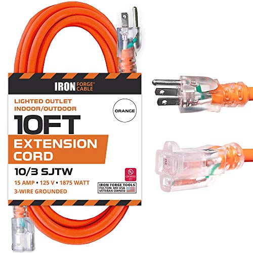 Iron Forge Cable Lighted Outdoor Extension Cord 10 Ft - 10 Gauge Heavy Duty Extension Cord, 15 AMP, 10/3 Orange Power Cable SJTW Weatherproof 3 Prong - color: Orange, size: 10 Foot