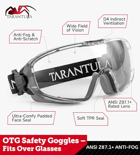 Tarantula ANSI Z87.1+ Safety Goggles Over Glasses, Anti-Fog & Anti-Scratch, Adjustable Strap, Lab Eye Protection, Woodworking - color: Clear & Grey