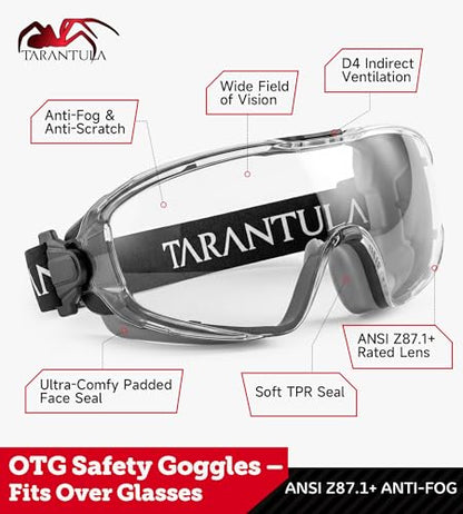 Tarantula ANSI Z87.1+ Safety Goggles Over Glasses, Anti-Fog & Anti-Scratch, Adjustable Strap, Lab Eye Protection, Woodworking - color: Clear & Grey