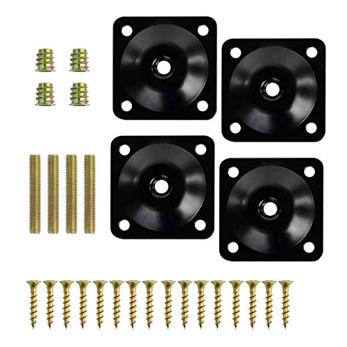 4Pcs Furniture Leg Mounting Plates Kit with M8 Hanger Bolts & Adapters - Heavy Duty T-Plate Repair Kit for Sofa,Couch,Chair,Ottoman,Table Legs,2"x2" Metal Brackets for Wobbly Furniture Fix - color: Black