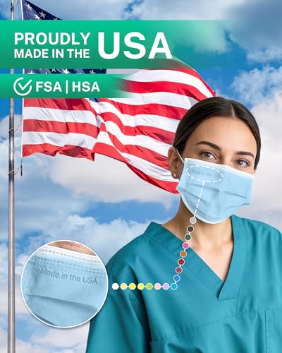 Disposable Face Masks Made in USA, 4 Ply for Families, Students, Breathable All-Day Wear & Safety, FSA HSA Eligible, ASTM Level 3 Medical Grade (50 Pack, Light Blue) - color: Light Blue, size: 50 Pack, style: Resealable Bag